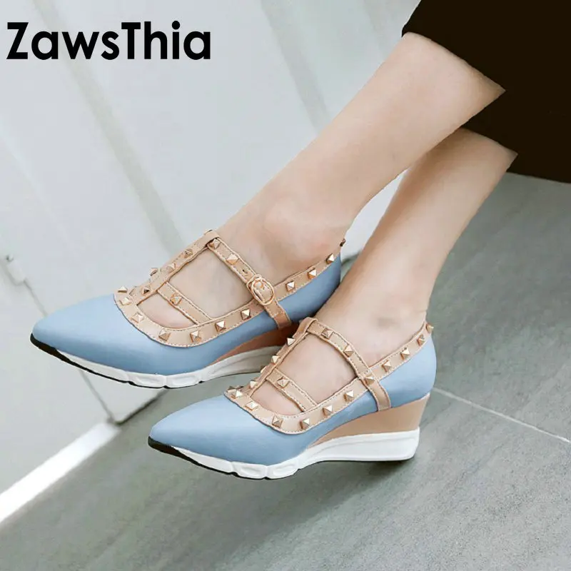 ZawsThia/ г. осенне-летняя модная женская обувь синего и розового цвета туфли-лодочки на высоком каблуке с острым носком на танкетке обувь с Т-образным ремешком и заклепками