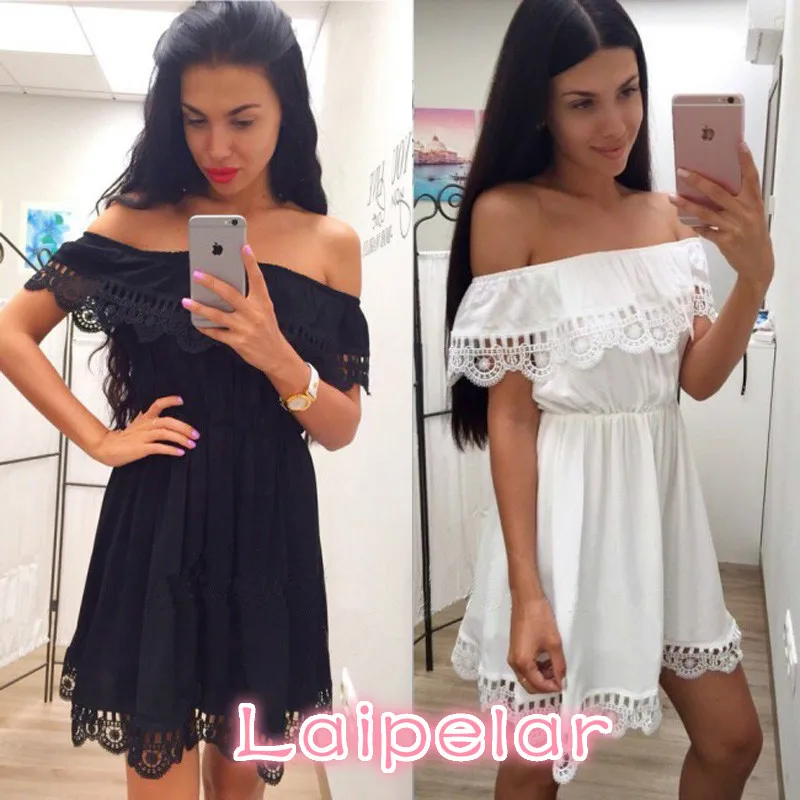 

Laipelar Fashion women Elegant Vintage sweet lace white Dress stylish sexy slash neck casual slim beach Summer Sundress vestidos