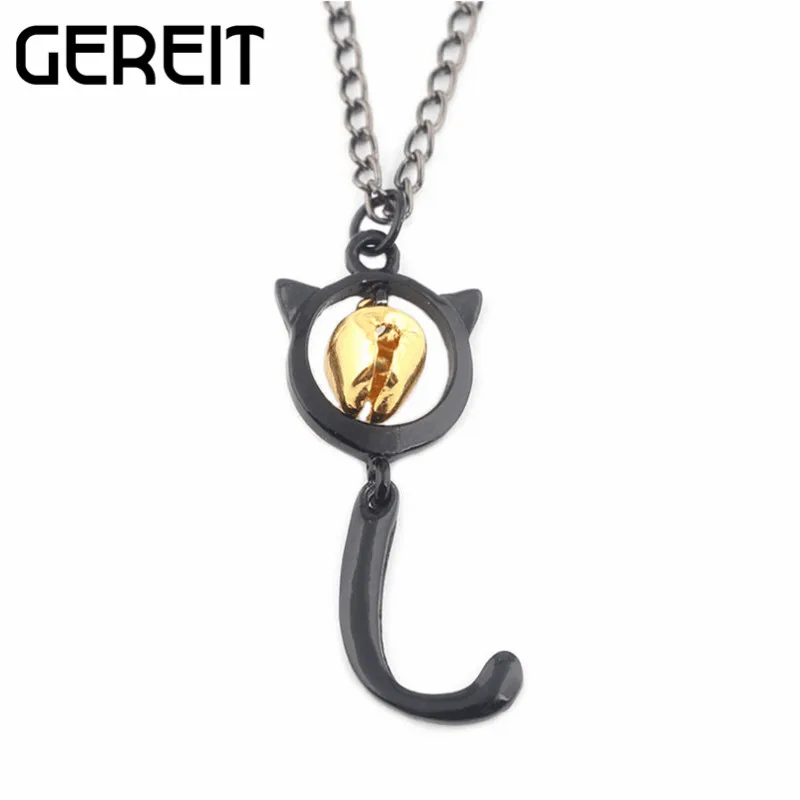 GEREIT Gold Filled Bell Necklace Lady Jewelry Black Cat Tail Statement