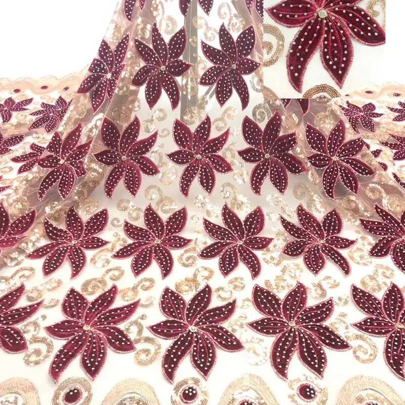 Фиолетовая африканская кружевная ткань Высококачественная африканская Тюлевая кружевная ткань с милым бархатным французским кружевом для женского платья AD042