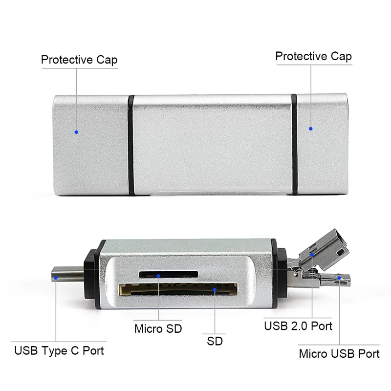 Адаптер OTG из алюминиевого сплава 3 в 1 Micro USB/Type C/USB Card Reader TF/SD/Micro SD Plug & Play PC Extension