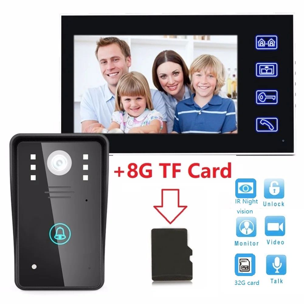

7 inch Waterproof HD Display Screen Video Intercom Doorbell 8G SD Card 200M Effective distance Remote Unlock Security Doorphone