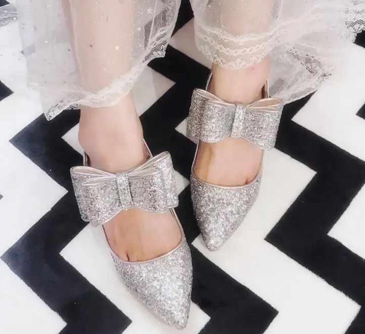 

Hot Fashion Silver Sequined Cloth Square heel Shoes Pointed Toe Butterfly-Knot Women's Shoes Bling Shallow free Shipping Pumps