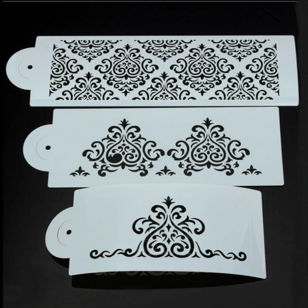 3Pcs DIY Filigree Damask Flower Cake Stencil Carved Sugar Craft Fondant Printing Mold Cream Cutter Paste Tools |