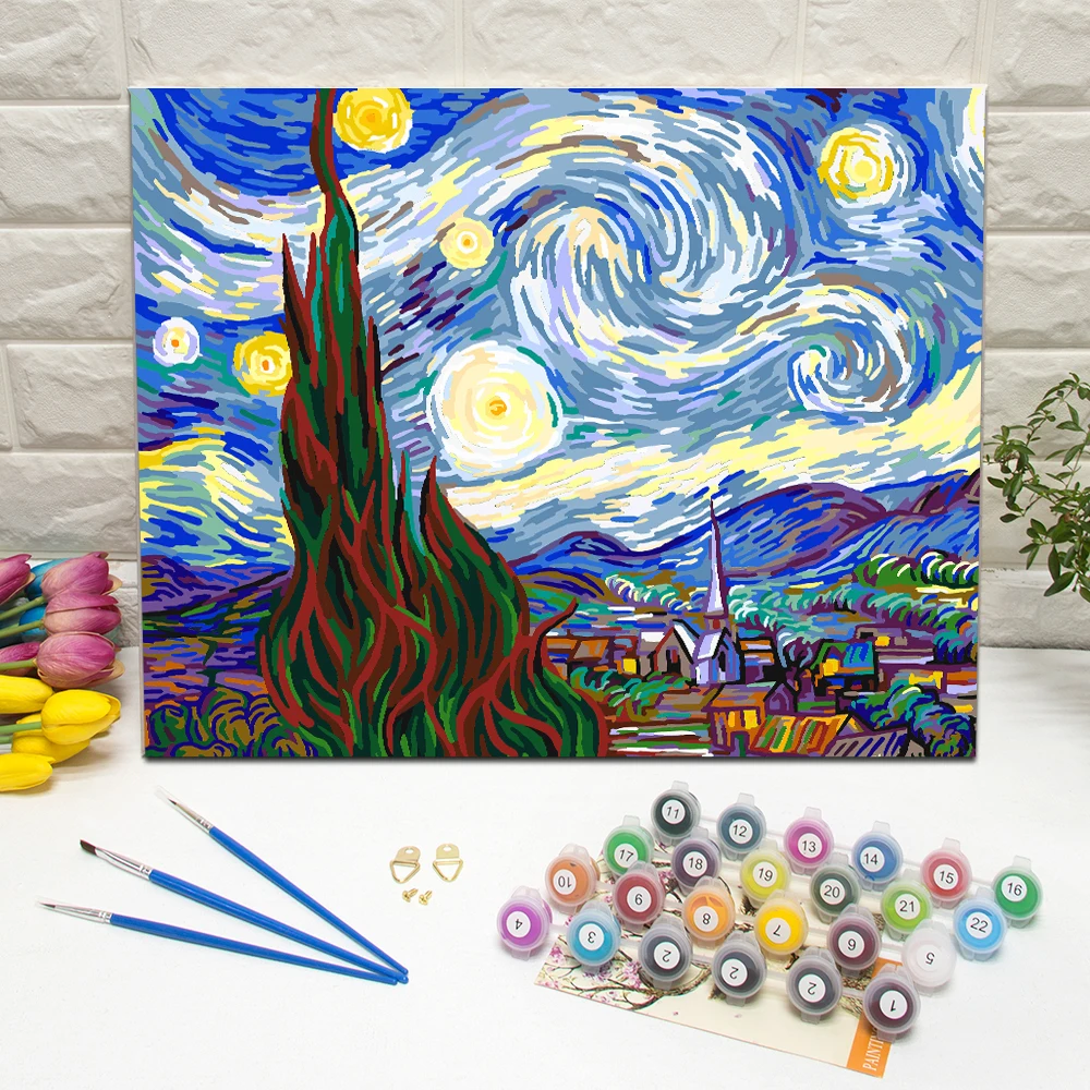

Famous Van Gogh Starry Night Painting by Numbers Hand Painted On Canvas For Home Decoration Wall Art With Frame