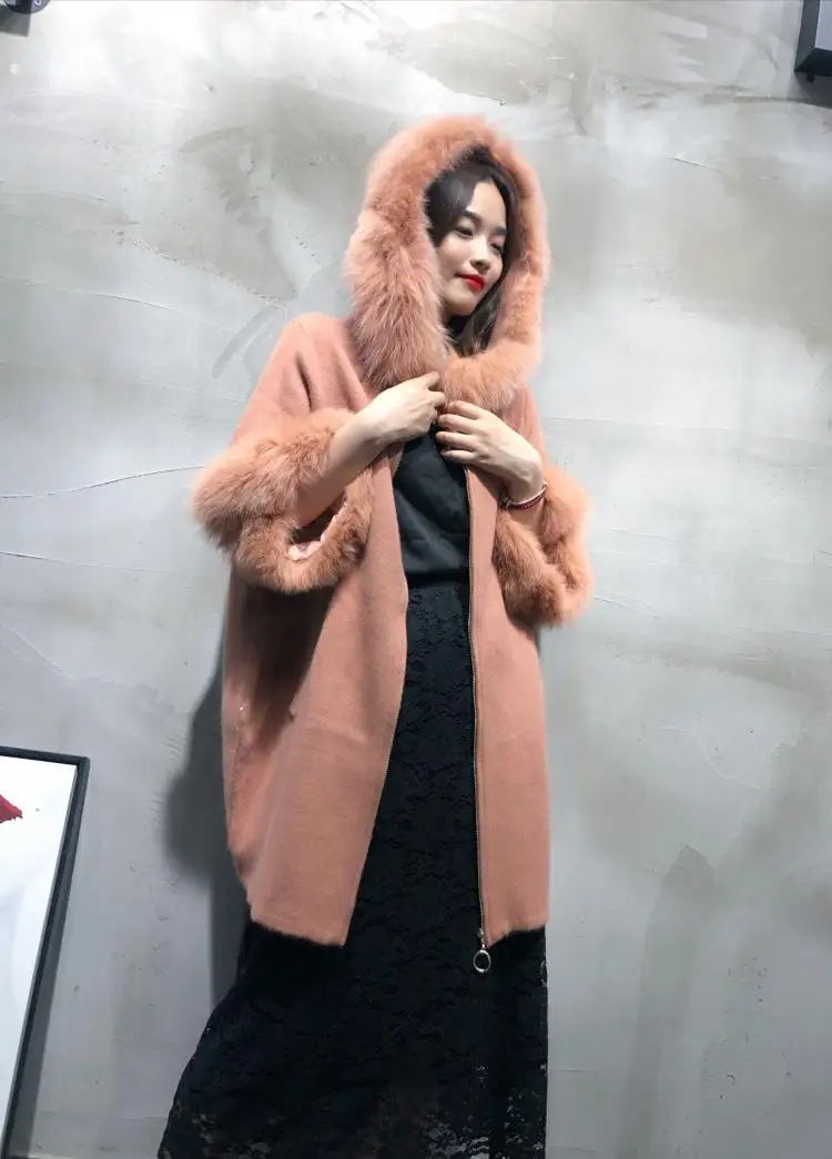 

NEW women knitted mink cashmere sweater with big fox fur sleeve and fox fur hood ladies fashion batwing sleeve coat with zip