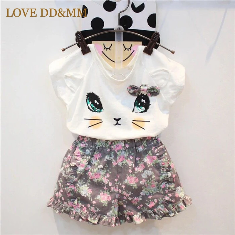 

LOVE DD&MM Girls Clothing Sets 2019 Summer New Girls Clothes Bow Cute Little Cat T-shirts + Shorts Suit Crushed Flowers