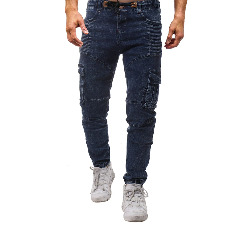

Men Fashion Elastic Wrinkle Side Pocket Cotton Pure color Solid Jeans Autumn winter Slim motorcycle windproof jeans feet pants