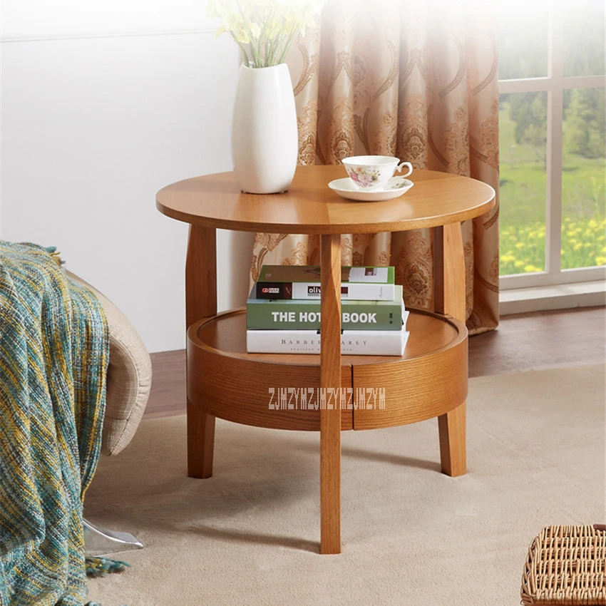 cheap XJ 82028 Small Solid Wooden Round Table Mini Tea Table Living Room Storage Cabinet Corner Coffee Table Sofa Side Table 1 Drawer