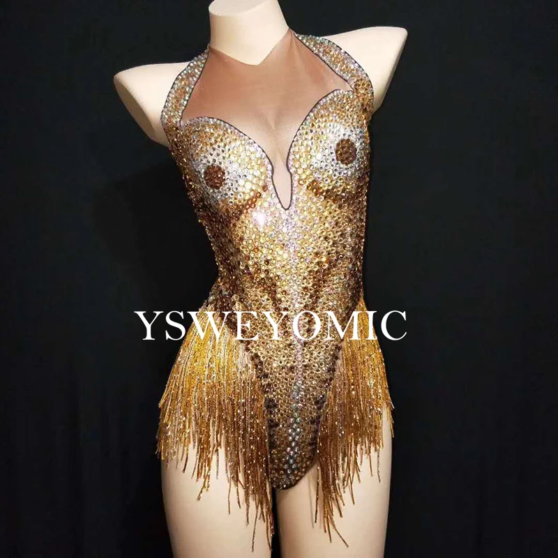 

Gold Sexy Club Sparkly Crystals Leotard Tassel Bodysuit Dance Wear Women's Birthday Celebrate Short Performance Costume