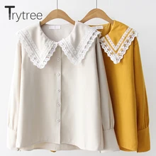 Ttytree, Осенние блузки, Повседневная рубашка для женщин, полиэстер, кружево, Питер Пэн, воротник, полностью рукав, однобортный, милые топы, рубашки