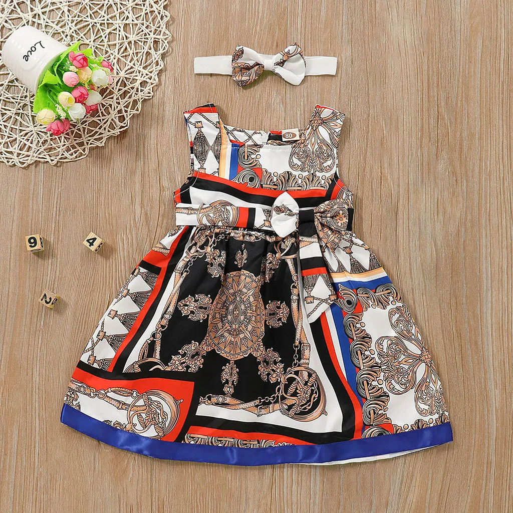 

Toddler Kids Baby Girl Summer Bohemian Style Colthing Print Princess Dress Headband Clothes Set children's skirt suits 3PCS