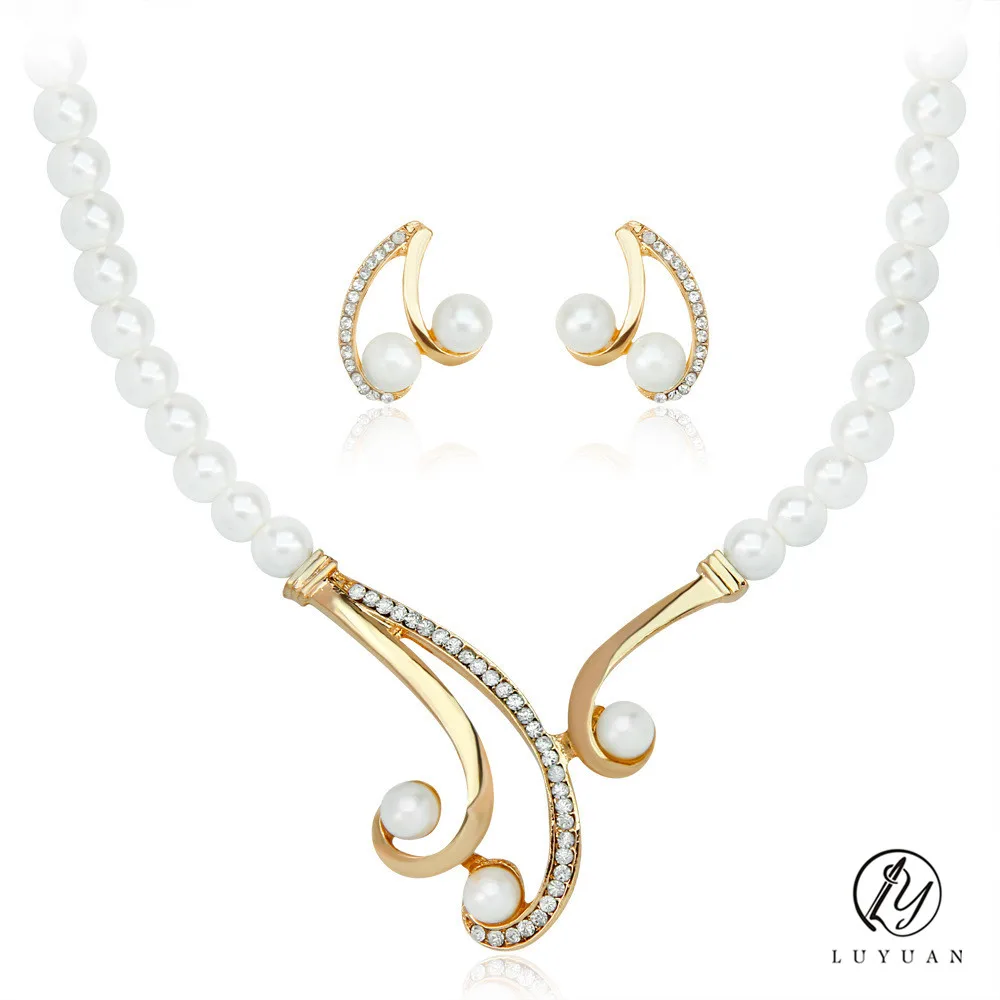 Women Exquisite Pearl Jewelry Sets Gold Color Full Rhinestone Crystal