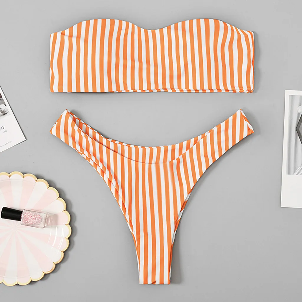 

Bikini 2019 Women Two Pieces Bathing Suits Top Striped With Mid Waisted Bottom Bikini Set Swimsuit summer beauty fashion new