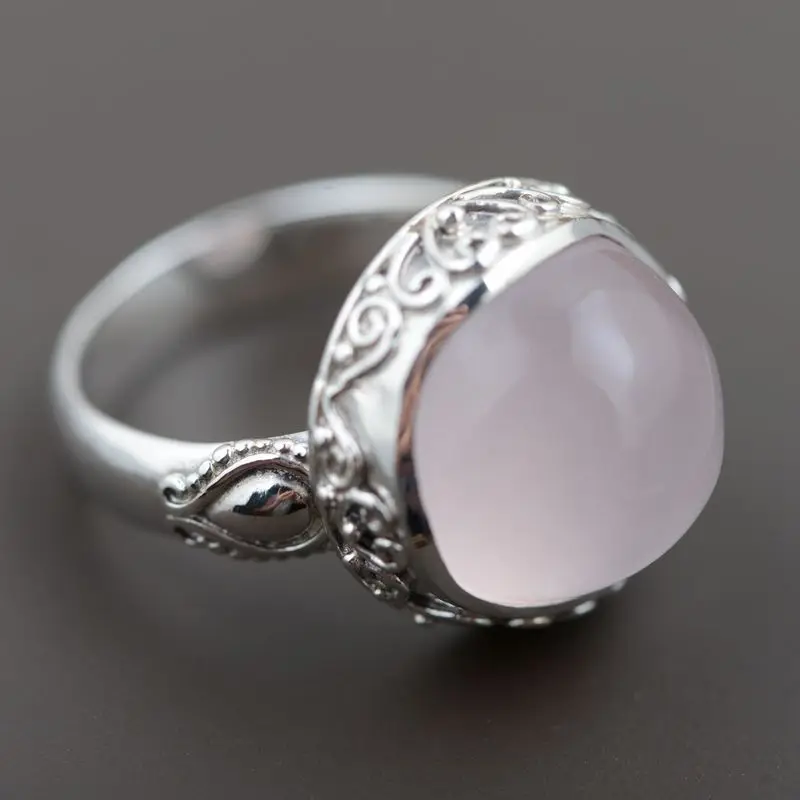 

FNJ Natural Stone Ring 925 Sterling Silver anillos Male Pink Stone Vintage S925 Thai Silver Rings for Women Jewelry