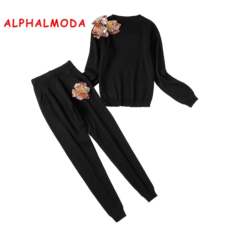 ALPHALMODA свитер с блестками и цветочным принтом+ брюки 2 шт. модные костюмы для женщин осень зима Vogue стильные Джемперы брюки наборы