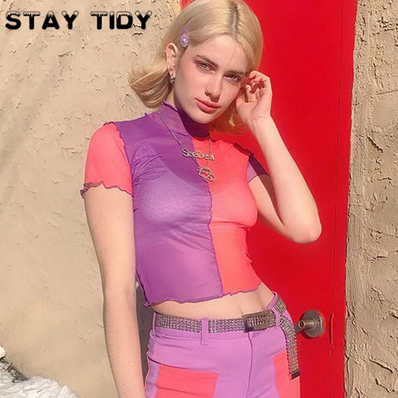 

STAY TIDY Mock Neck Patchwork Ruffle Short Sleeve Crop Top Fashion Mesh See Through Tee Top 2019 Summer Women Streetwear T-shirt