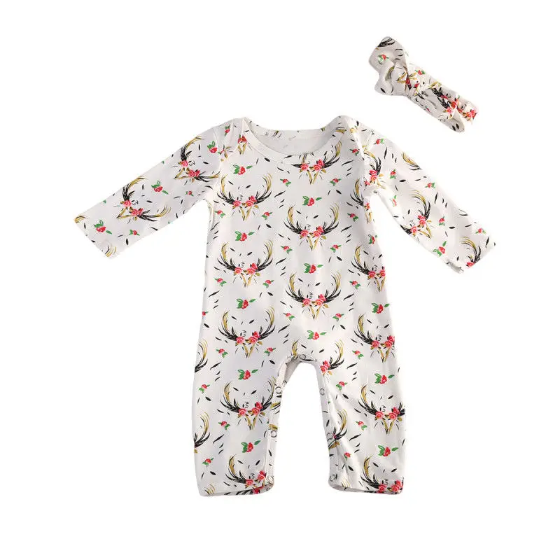 

Kids Baby Girls Deer Floral Long Sleeve Romper Jumpsuit Clothes Outfits Set Cotton Casual Autumn Rompers 0-24M