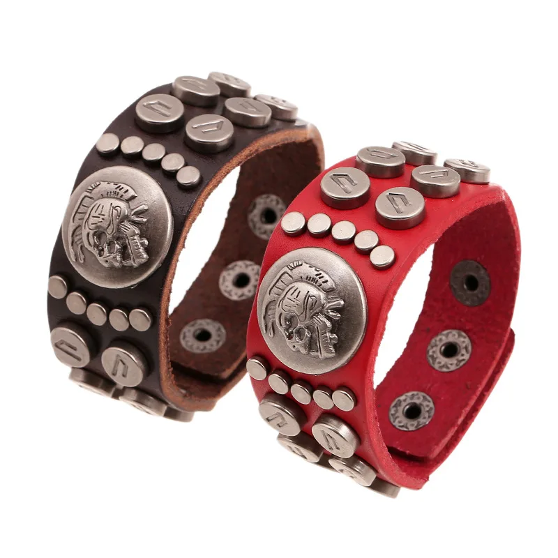 

Boho Gypsy Hippie Hiphop Dark Red Brown Real Leather Skull Pattern Rivets Charm Wrap Adjustable Unisex Couple Bracelet Bangle