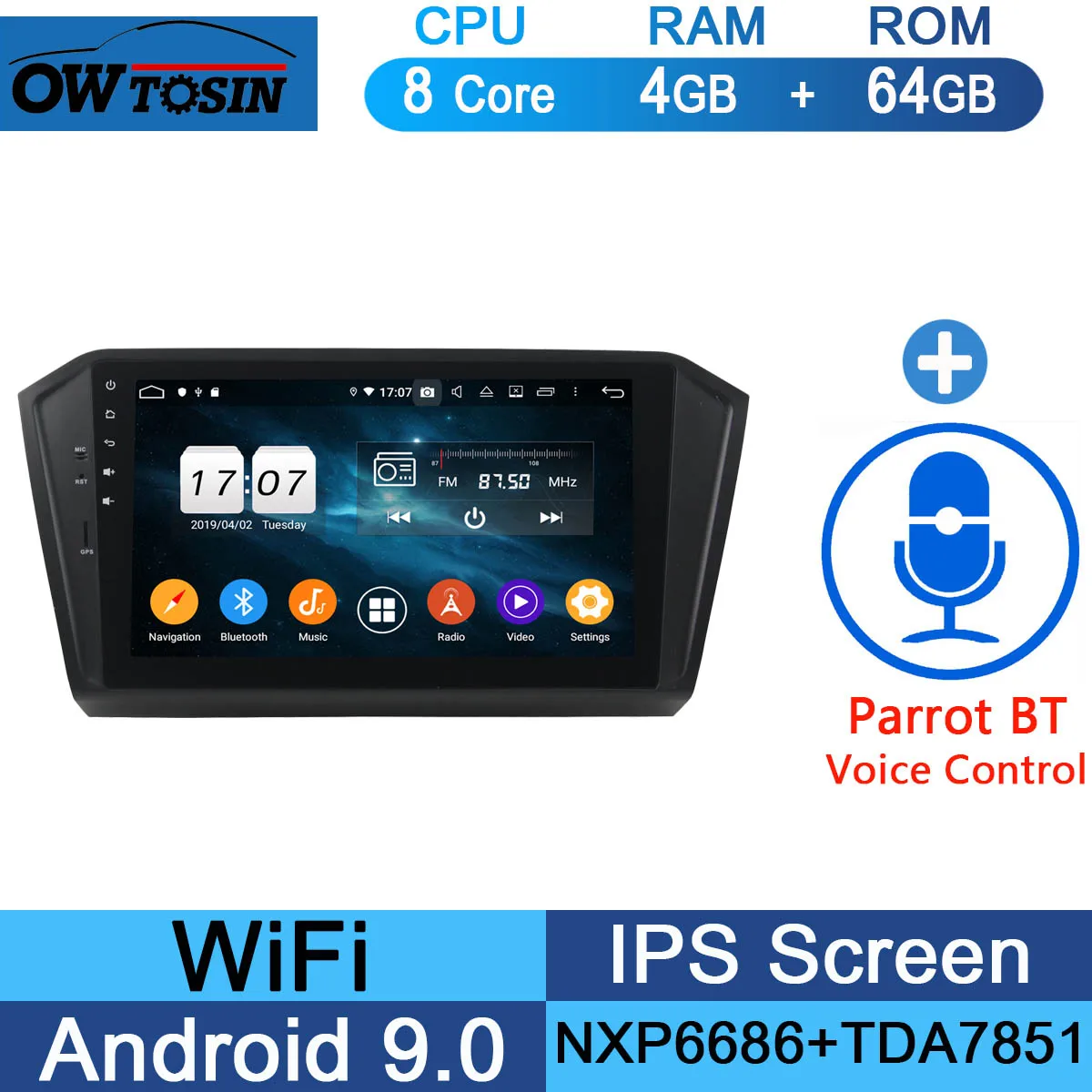 10," ips 8 Core 4G+ 64G Android 9,0 автомобильный dvd-радиоплеер gps для VW PASSAT B8 Magotan DSP CarPlay попугай BT - Цвет: 64G Parrot BT