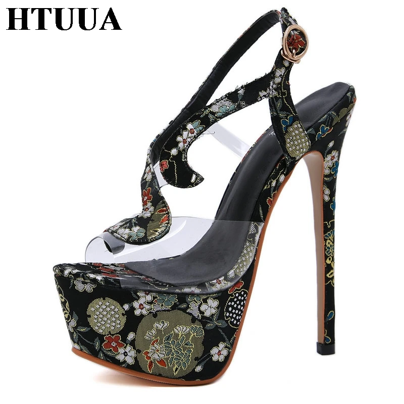 

HTUUA 2019 New Embroidery Summer Sandals Women High Heels Clear PVC 16CM Heel Platform Sandals Party Pumps Ladies Shoes SX2477