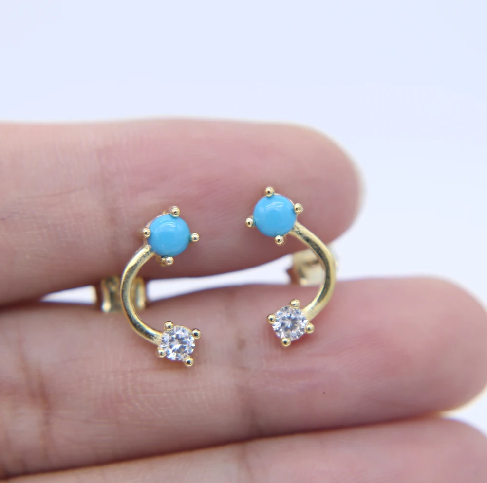 

925 Sterling silver jewelry cz turquoises earrings delicate girl women half circle half round curved bar stone girl earring