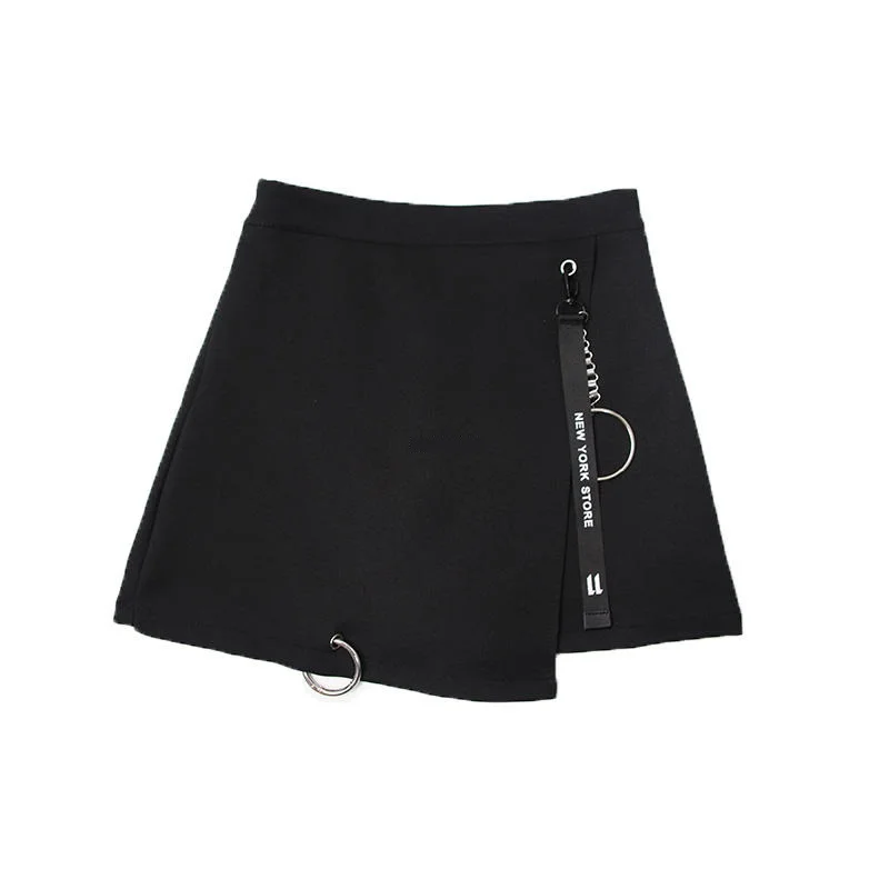 Харадзюку юбка с подвеской украшения неправильный дизайн женские мини юбки с высокой талией Feminina - Цвет: Black