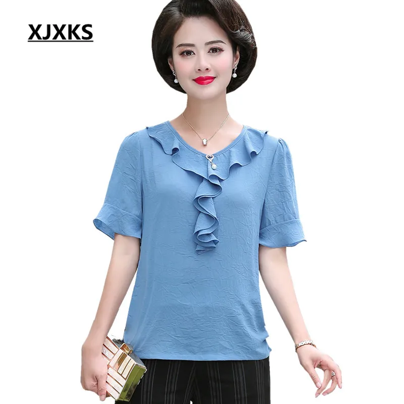 

XJXKS Loose plus size women's short-sleeved shirt 2019 summer new high quality comfortable cotton linen blouse women's top