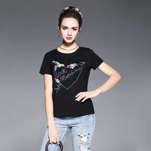 Aofuli бренда L-3XL 4XL 5XL Большие размеры Для женщин летние Топы корректирующие Новинка года леди Повседневное письмо птица Вышивка хлопок белый черный футболка