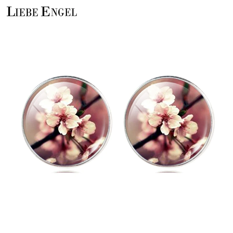 Vintage Silver Color Earrings Fashion Glass Cabochon Stud Earrings Fresh Flower Style Earrings for Women Women's Fashion Jewelry