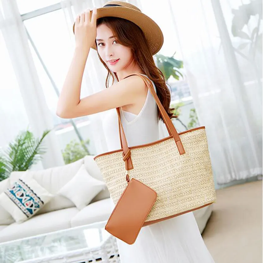 

JIARUO Classical Straw Women Top-handle Tote Shoulder bag Handbag Hand bag with coin purses Summer Beach travel bag Daily ladies