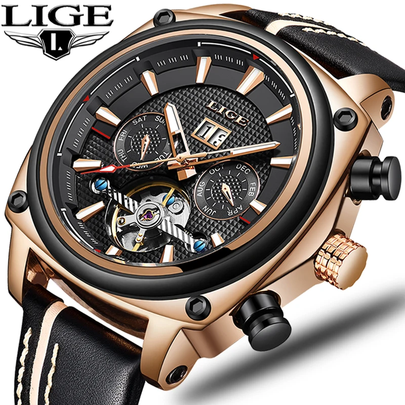 

LIGE Men Mechanical Watch Tourbillon Casual Leather Watches Men Sport Waterproof Watch Top Brand Luxury Clock Relogio Masculino