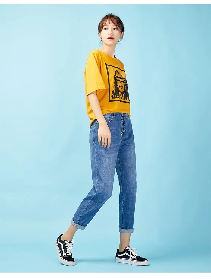 LEIJIJEANS, Новое поступление, весенние, высокая талия, свободные, размера плюс, зауженные, девять точек, джинсы для женщин, четыре брекета, женские джинсы 9027