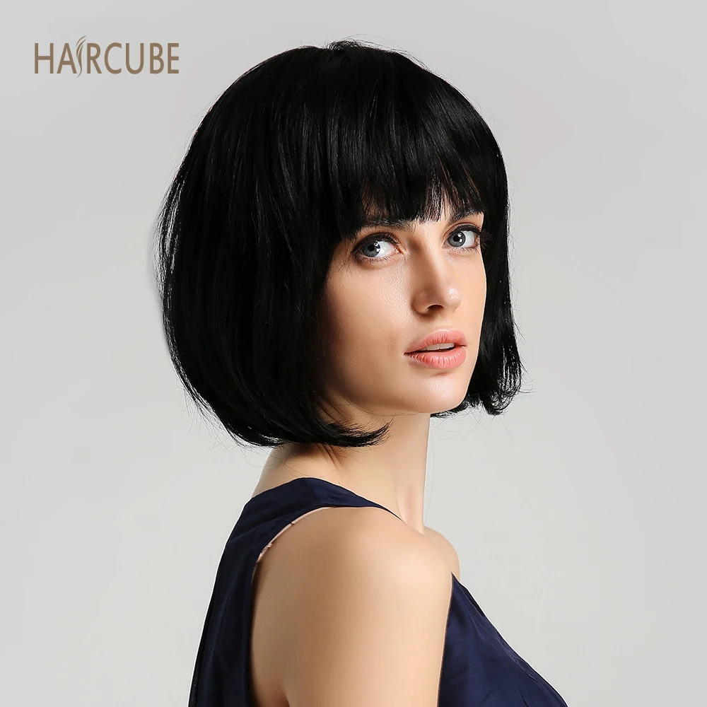 Haircube 8 дюймов синтетический парик 50% человеческие волосы натуральный черный боб парики с аккуратной челкой короткие прямые волосы парики для женщин
