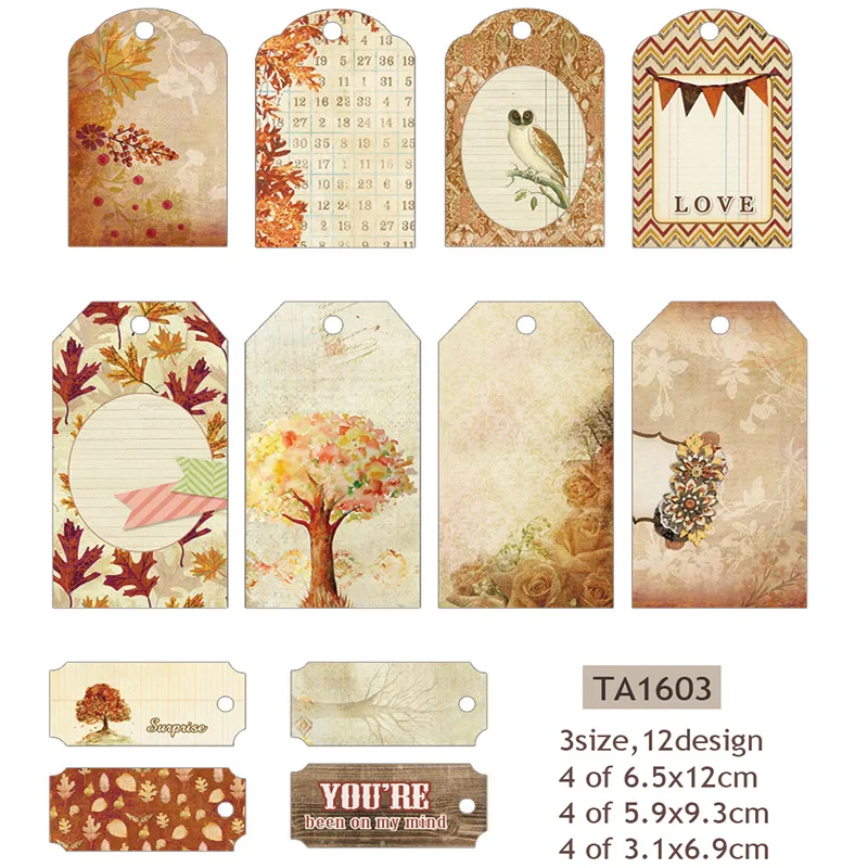 

12Pcs/Set Vintage Tags Retro Leaves Bird Labels Paper Die Cuts for Scrapbooking Happy Planner/Card Making/Journaling Project