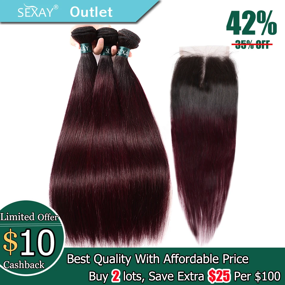 Ombre Hair 3 Bundles With Closure Sexay Professional 1B/99J Burgundy Dark Wine Red 100% Human Hair Brazilian Straight Human Hair