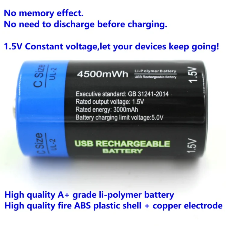 3 шт. Etinesan 1,5 v 4500mWh C размер литий-полимерный большой емкости C Тип USB аккумуляторная батарея+ USB кабель для зарядки