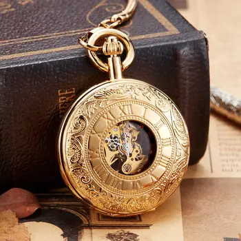 

Vintage Golden Luminous Copper Mechanical Pocket Watch Men Women Double Sided Engraved Fob Chain Sculpture Retro Pocket Watches