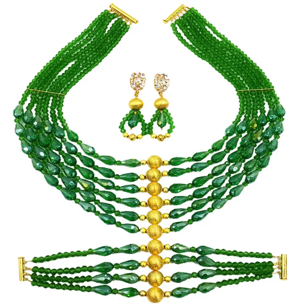 

New Arrived Green African Wedding Necklace Nigerian Beads Jewelry Set Bridal Party Jewelry Sets 6C-XSD008