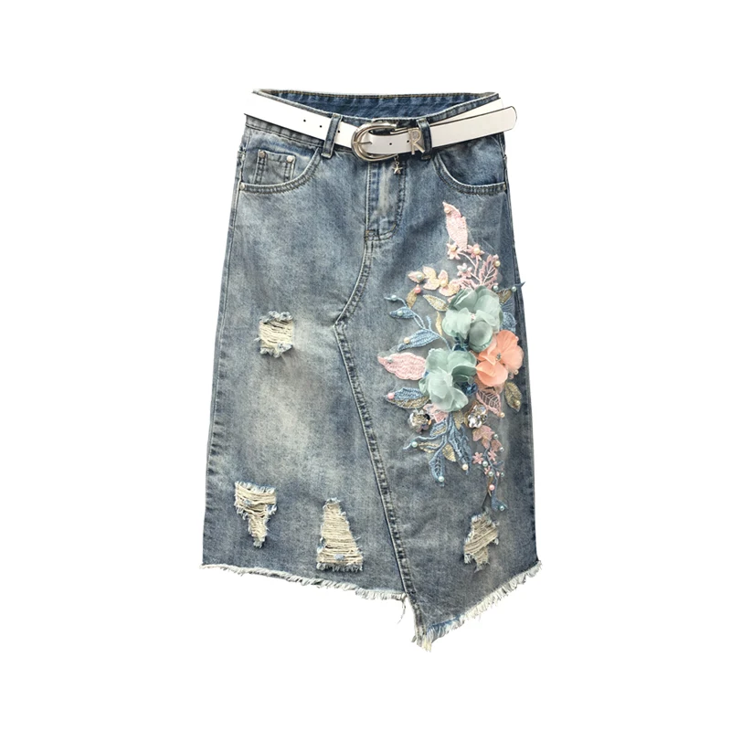Европейская Женская Модная Джинсовая юбка с объемным цветком на весну и лето, юбки с дырками спереди, джинсы с высокой талией, юбка для улицы размера плюс 4XL 5XL