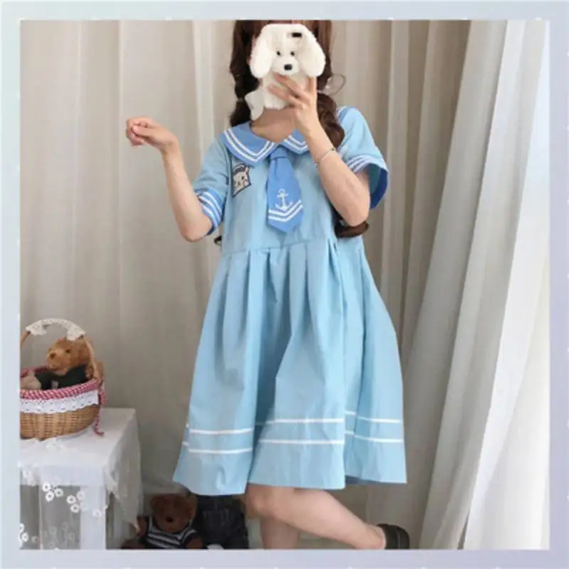 Женское платье в японском стиле «Лолита»; Повседневное платье Kawaii в стиле колледжа; платье с вышивкой медведя; светло-синее платье; милое платье в стиле «лолита» для девочек