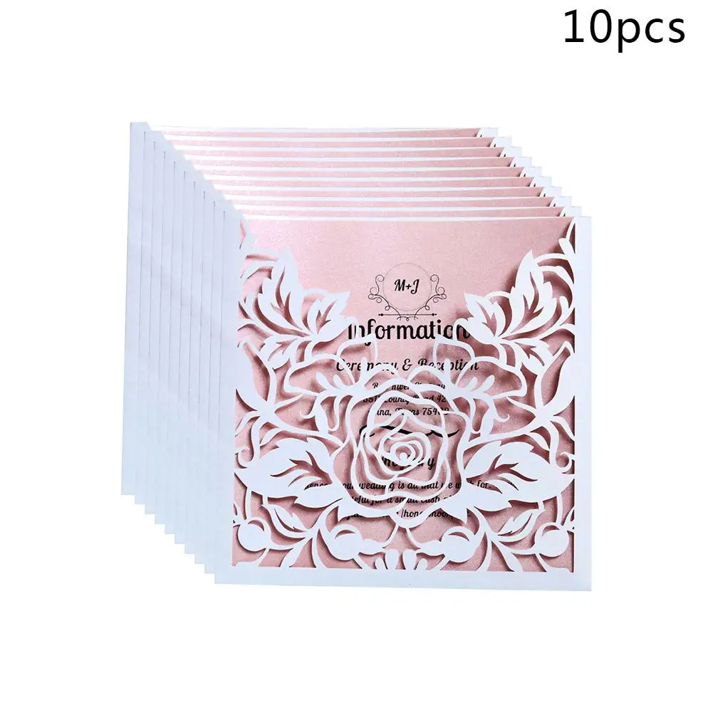  10pcs/lot Lace Pocket Wedding Invitations Cards Square Laser Cut Rose Flower Greeting Card Invitati - 4.00001E+12