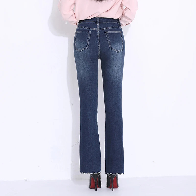 FERZIGE Брендовые брюки с высокой талией узкие расклешенные брюки женские милые вышивка Женская одежда Джинсы женские большие размеры синие брюки