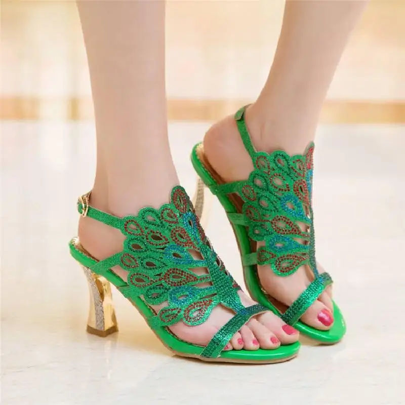 US4 13 Chic Women's Peacock High Heel Rhinestones Crystal Wedding Bride Evening Party Sandals 