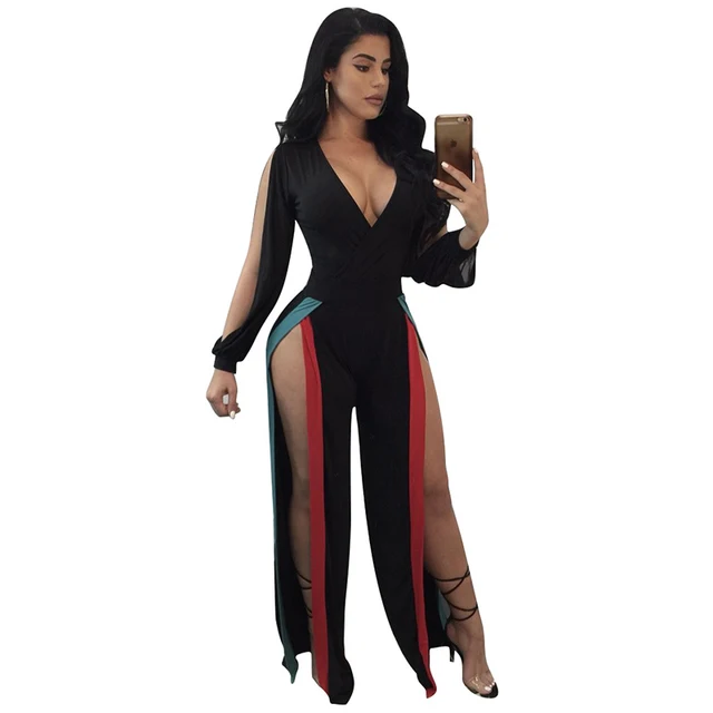 Women Sexy Black Deep V Long Jumpsuit Autumn Casual Party