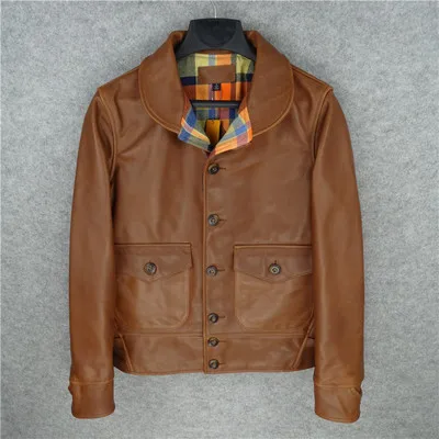 Мужская куртка-Казак из натуральной коровьей кожи, мотоциклетная тонкая винтажная куртка из натуральной воловьей кожи - Цвет: brown