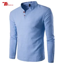 Summer Casual Men Linen Shirt Long Sleeve Stand Collar Leisure Stand Collar Solid two buckle cotton and linen Shirts Men Top Tee newspaper print stand collar tee