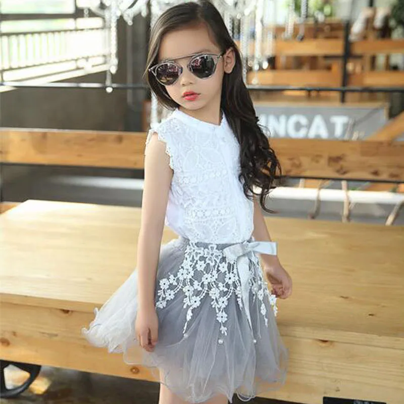 

Girl Clothing Set Tutu 2016 Summer Tutu Clothing Set For Girls White Lace T Shirt+Flower Tutu Skirt Bow Kids Girl Clothing Sets