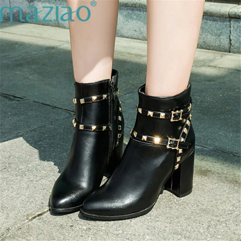 Leather Ankle Boots Women Pointed Toe Rivet Buckle Strap Martin Boots Side Zipper Thick Heels Boots MAZIAO