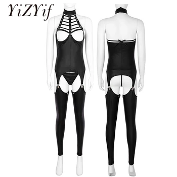 

YiZYiF 3Pcs Women Sexy Clubwear Lingerie Set Bodysuit Halter Neck Open Bust and Crotchless Patent Leather Leotard Cosplay Outfit